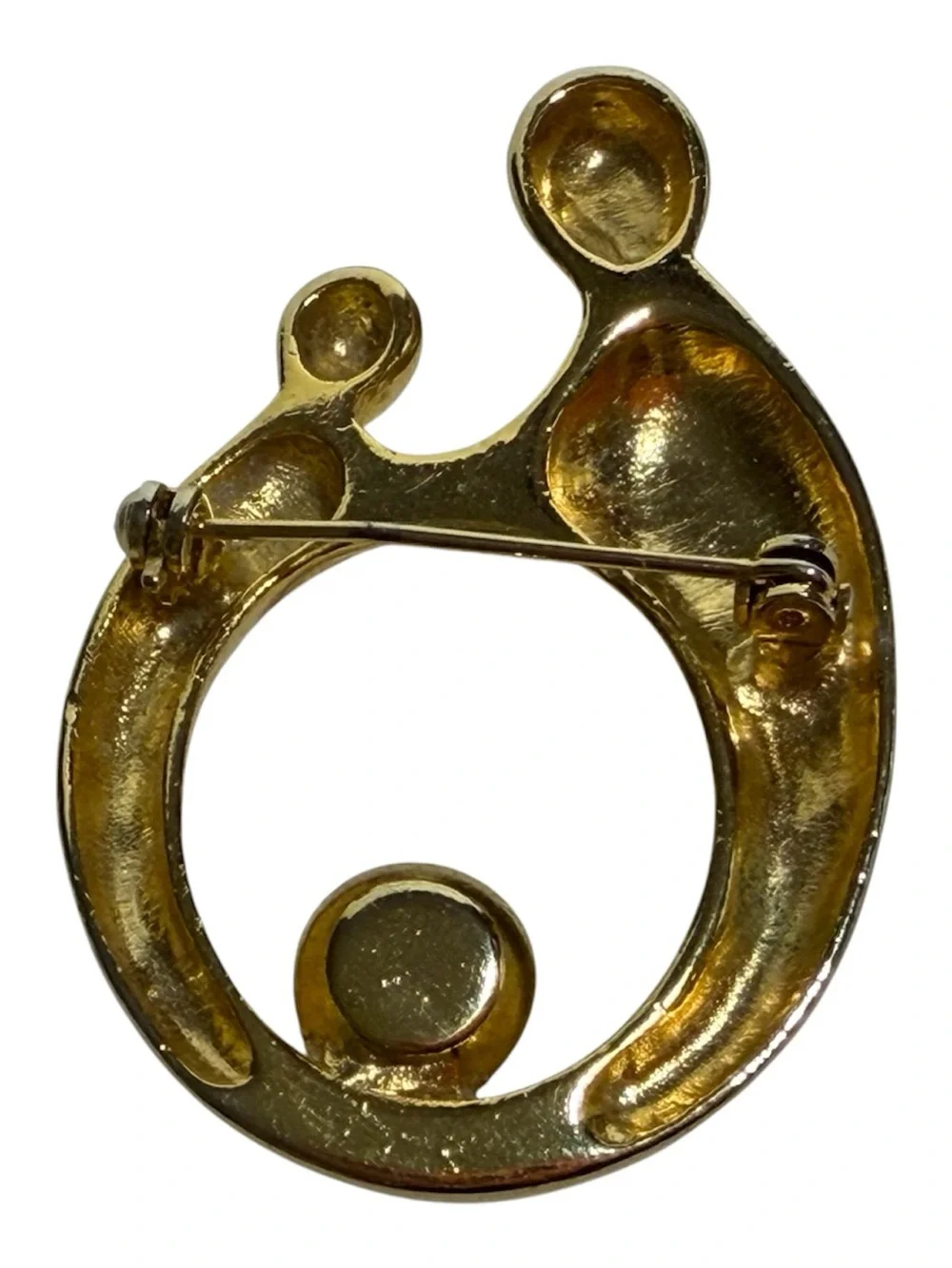 Mother & Child Brooch Stylized Open Round Clear Rhinestone Gold Tone